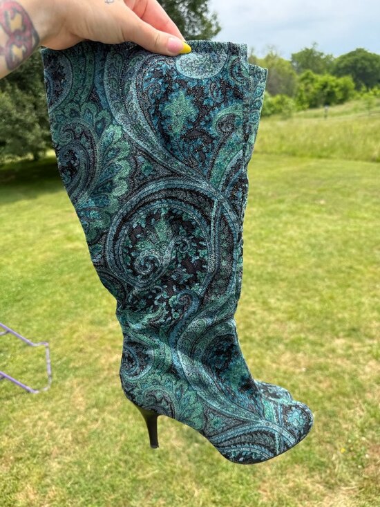 Source Unknown Shoes - Paisley Knee High Heels sz9.5 Y2K Boho Glam Coquette Festival Boots 3584